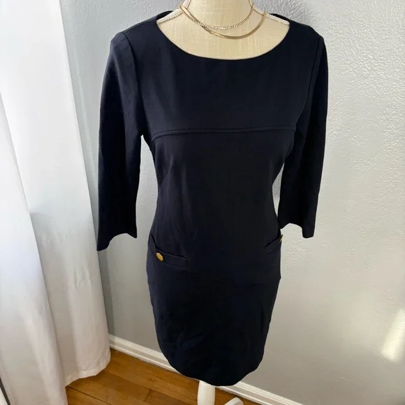 Vince Camuto Navy Quarter Sleeve Dress with Gold Button Details - Picture 2 of 6